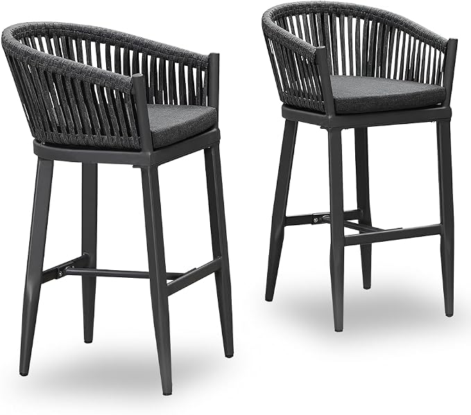 PURPLE LEAF Outdoor Bar Height Stools Set of 2 Patio Metal Modern Wicker Bar - Image 9