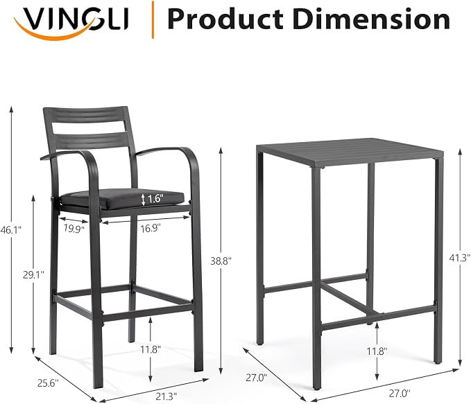 VINGLI 3-Piece Outdoor Bar Set, Aluminum Bar Height Table & 2 Chairs - Image 6