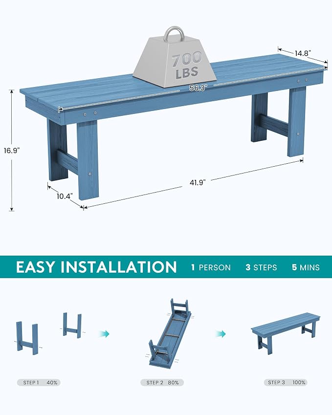 SERWALL 2-Person Outdoor Bench Backless, HDPE Outdoor Benches Weatherproof - Image 3