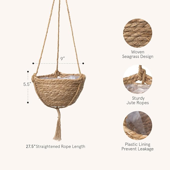 LA JOLIE MUSE Natural Seagrass Hanging Planter Basket Set, Indoor Plant Pots - Image 6
