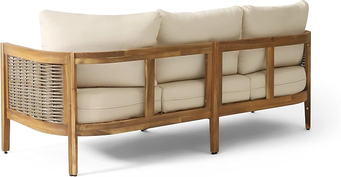 Merax 76.5" Outdoor Acacia Wood Wicker 3 Seater Sofa, Patio Furniture Couch - Image 8