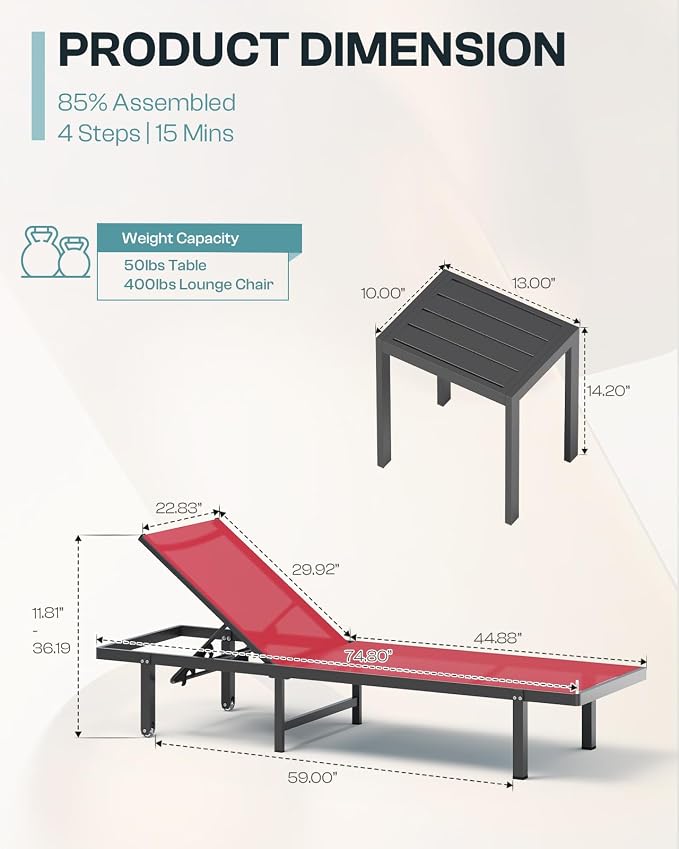 Lounge Chair Outdoor with Wheels, Aluminum Patio Chaise Lounge Chair with 5 - Image 2