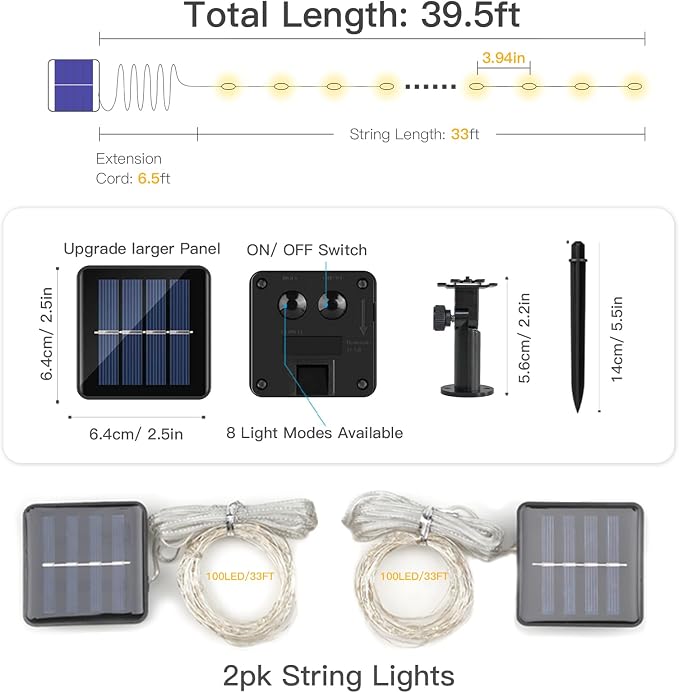 SUDDUS 2 Pack Total 66ft 200 Led Solar Fairy Lights Outdoor Waterproof - Image 6
