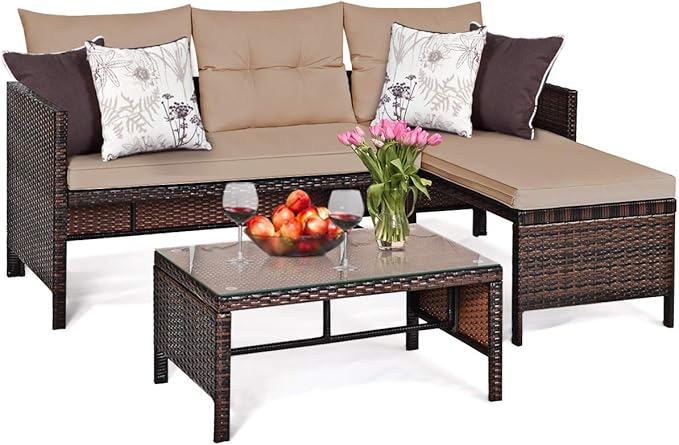 Tangkula Patio Corner Sofa Set 3 Piece, Outdoor Rattan Sofa Set, Includes by TANGKULA