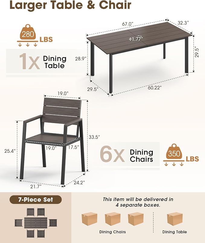 Outdoor Dining Set for 6, Aluminum Patio HDPS Outdooor Table and Chairs Set - Image 6