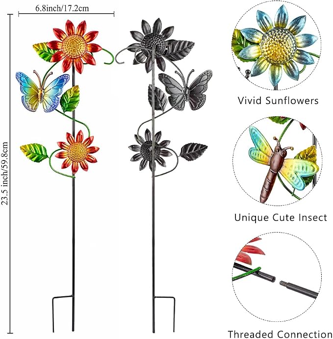 3 Pcs Sunflower＆Butterly＆Ladybug＆Dragonfly Decorative Garden Stakes, 23.5 in - Image 3