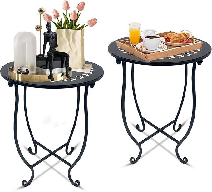 Round Side Table Set of 2, Metal Patio Side Tables End Tables, Weather by Plant+Castle