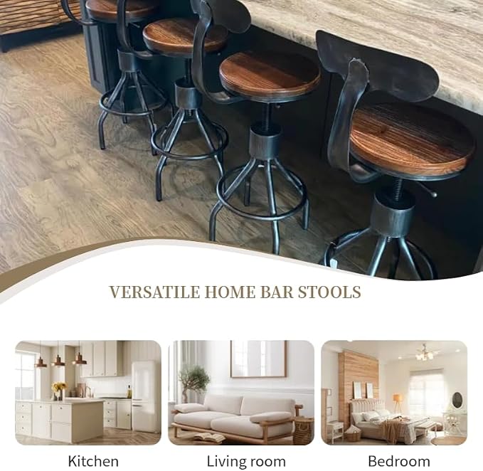 LOKKHAN Set of 2 Rustic Industrial Bar Stool-24-30 Adjustable Metal Swivel - Image 5