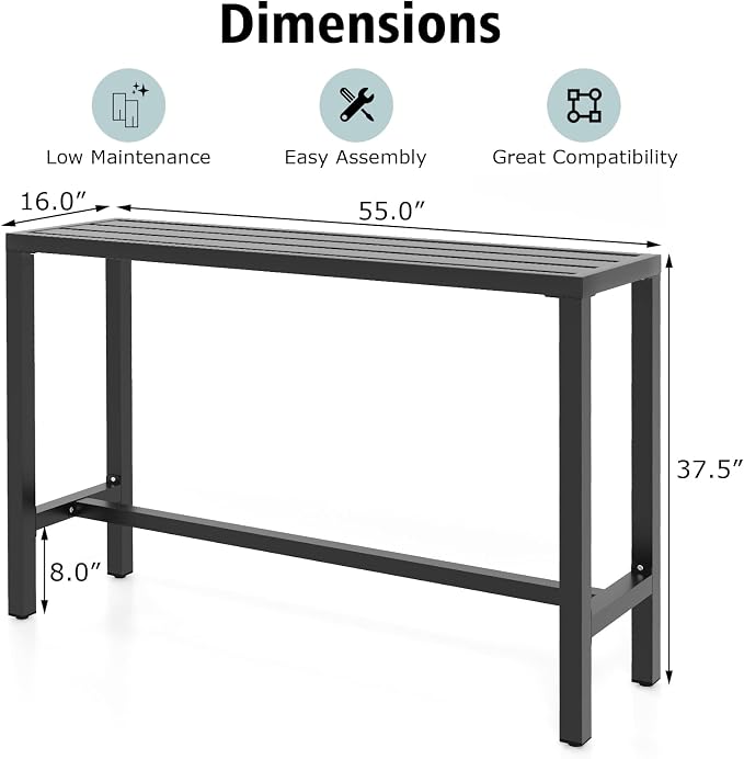 COSTWAY Outdoor Bar Table 55-inch Wide, Narrow Counter Height Dining Table - Image 3