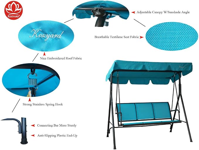 Kozyard 3-Person Outdoor Canopy Porch Swing Chair, Breathable Textilene Armrest - Image 3