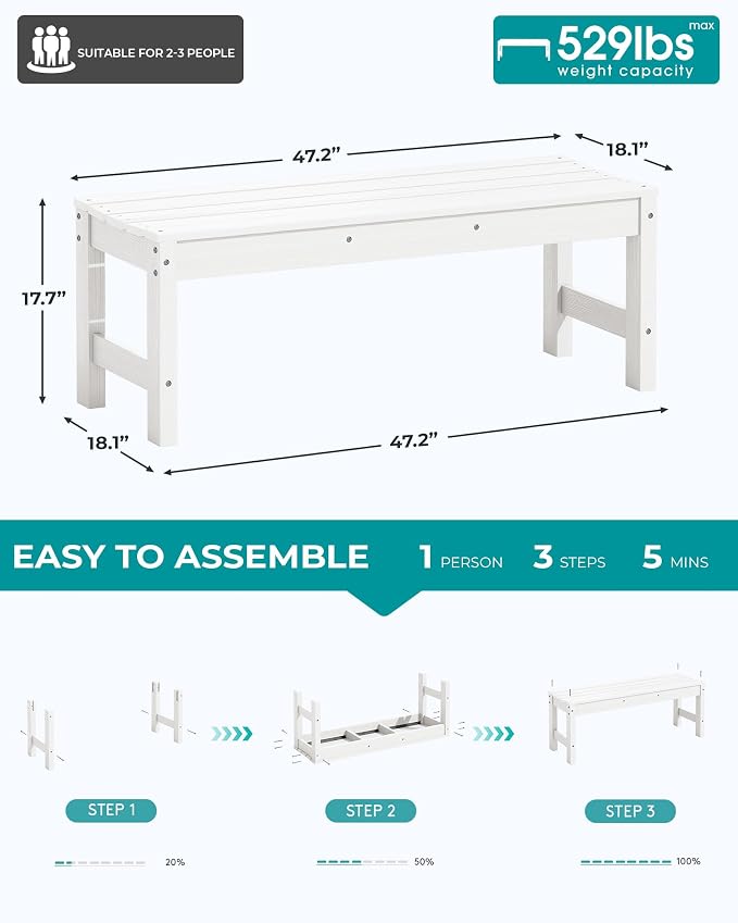 SERWALL 47 Inches Outdoor Bench Set of 2, All Weather HDPE Backless Bench - Image 3