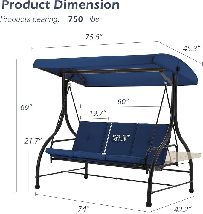 AECOJOY Porch Swing Chair, 3 Seats Porch Swing Adjustable Canopy Outdoor Swing - Image 5