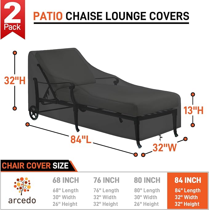 Arcedo Patio Lounge Chair Cover 2 Pack, Waterproof Outdoor Chaise Lounge Covers - Image 2