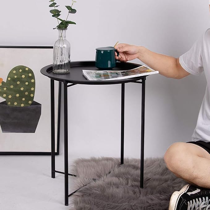 VECELO Side/End Table, Folding Round Metal Anti-Rust and Waterproof Outdoor or - Image 5