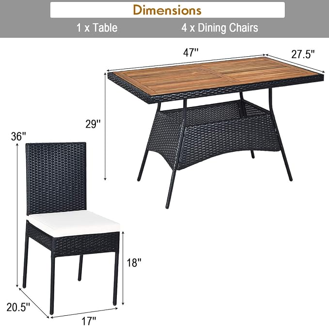 Tangkula 5 Piece Wicker Patio Dining Set, Outdoor Rattan Table & Chairs Set - Image 5