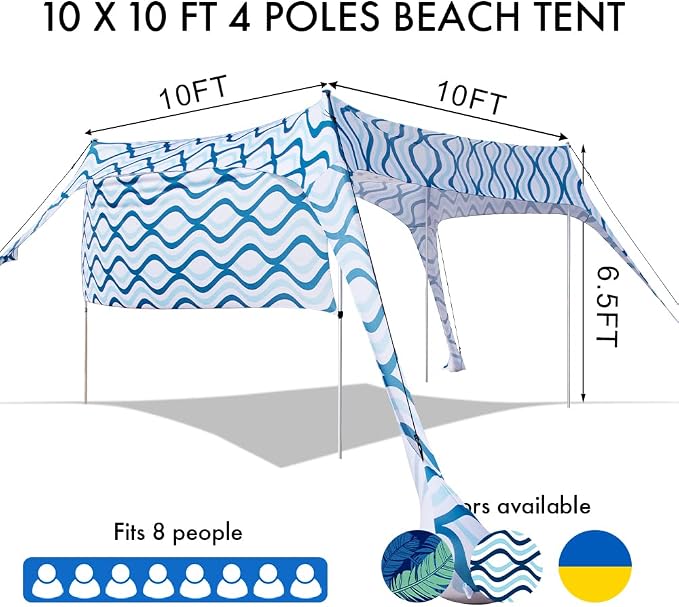 Beach Canopy Tent Shade with Sidewalls 10x10FT, 6.6FT Tall, UPF50+ Sun Shelter - Image 4