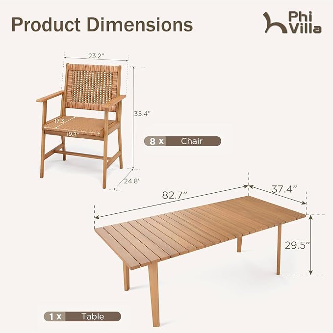 PHI VILLA 9 Pieces Acacia Wood Outdoor Dining Set - Image 8