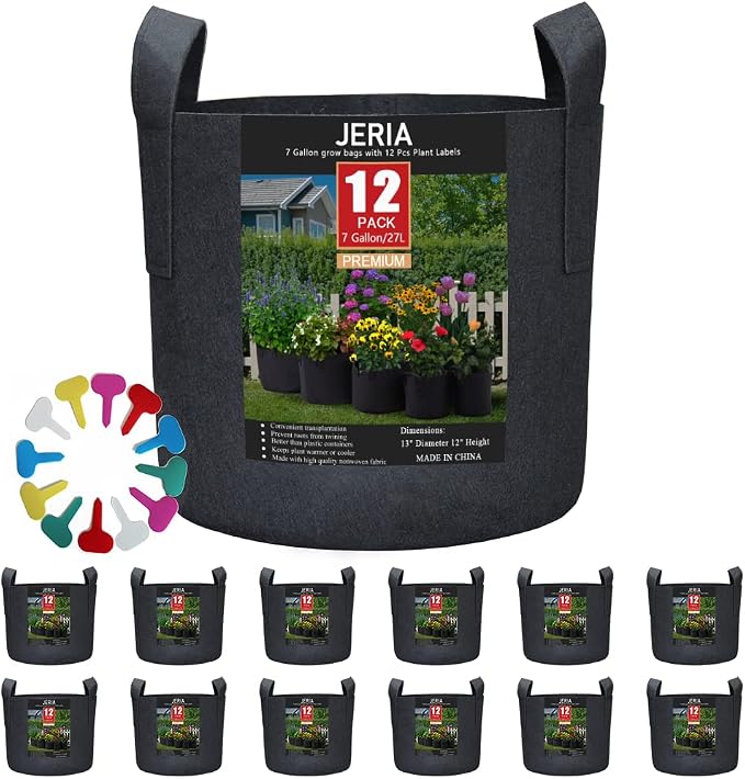 JERIA 12-Pack 7 Gallon Grow Bags, 300G Thickened Nonwoven Garden Pots, Heavy by JERIA
