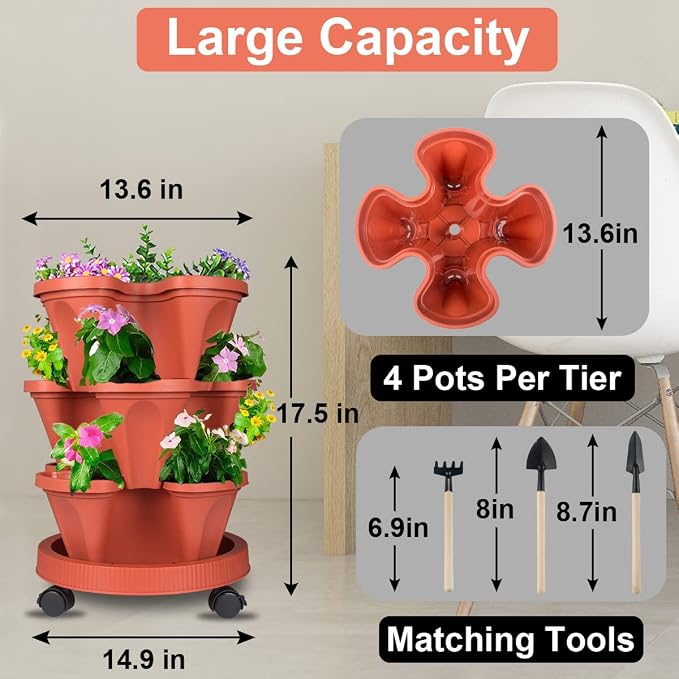 DUNCHATY Stackable Planters 3 Tier Vertical Garden Planting Tower Planters - Image 7