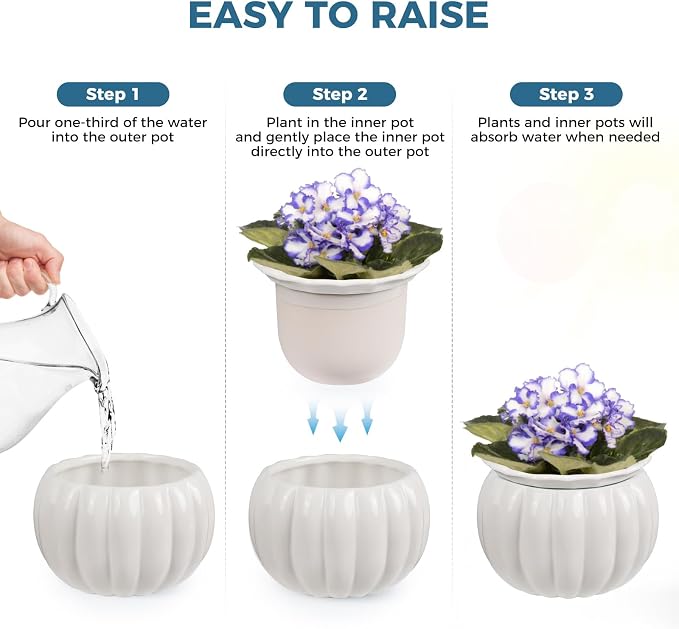 BUYMAX African Violet Pots, 6 inch Pumpkin-Style Ceramic Easy Self Watering - Image 4