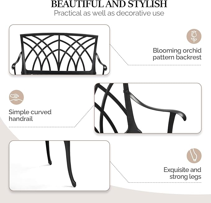 VINGLI 38" Outdoor Metal Bench, Cast Aluminium Garden Bench, Weatherproof - Image 4