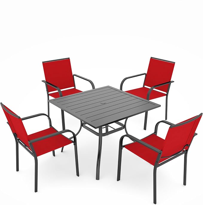 5 Piece Patio Dining Set, Outdoor Black Sling Stackable Chairs and 35" Square by Anmutig