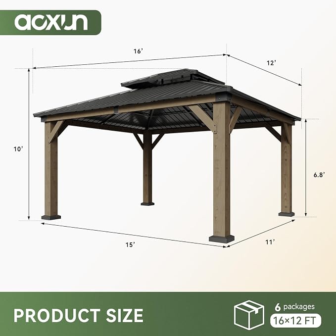 Aoxun 12' x 16' Outdoor Wood Gazebo, Hardtop Gazebo Permanent Wooden Pavilion - Image 8