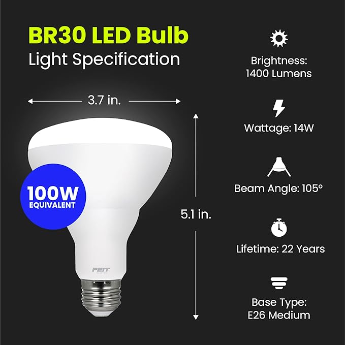 Feit Electric BR30 LED Light Bulb, 100W Equivalent, 1400 Lumens, E26 Standard - Image 3