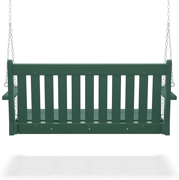COSTAELM Paradise Outdoor Patio HDPE Hanging Front Porch Swing Bench, Dark Green - Image 5