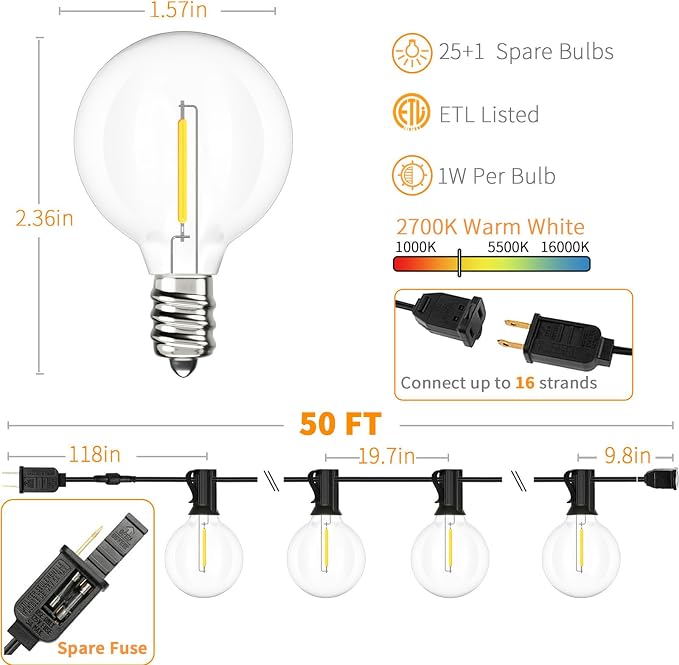 Svater Outdoor String Lights 50 FT, Patio LED Lights Outside - Image 2