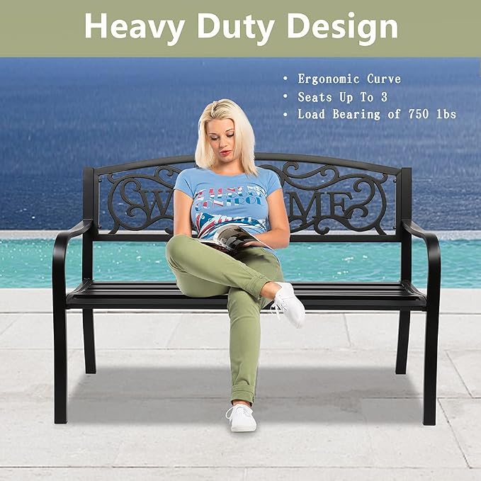 50in Outdoor Garden Park Bench, Outdoor Metal Porch Benches, Weatherproof Patio - Image 5
