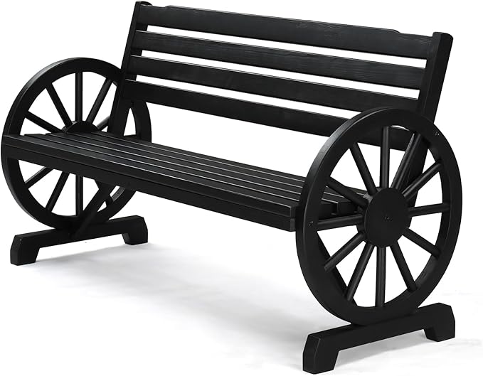 VINGLI Rustic Wooden Wheel Bench Outdoor Bench, Patio Bench Wagon Slatted Seat by VINGLI