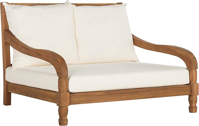 SAFAVIEH Outdoor Collection Pomona Natural Solid Wood/Beige Lounger Bench Sofa - Image 4