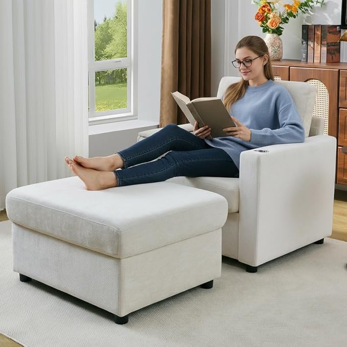 Modern Accent Chairs with Storage Ottoman Set, Comfy Chenille Reading Armchair - Image 8