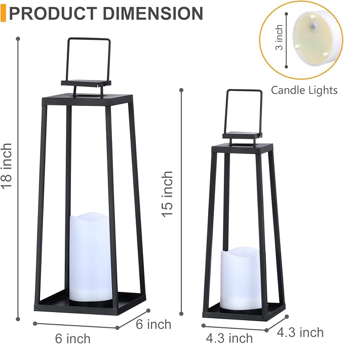 Solar Lantern Decorative Outdoor Set of 2 Modern Black Metal Lanterns - Image 3