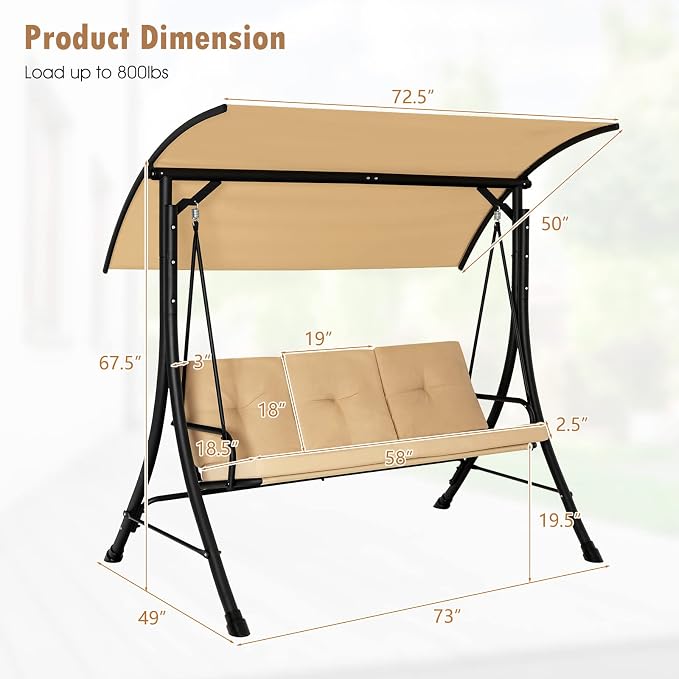 Tangkula 3 Person Porch Swing, Outdoor Swing - Image 4
