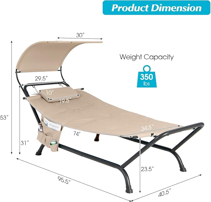Giantex Hanging Hammock with Stand, Patio Hanging Chaise Lounge Chair w/Canopy - Image 8