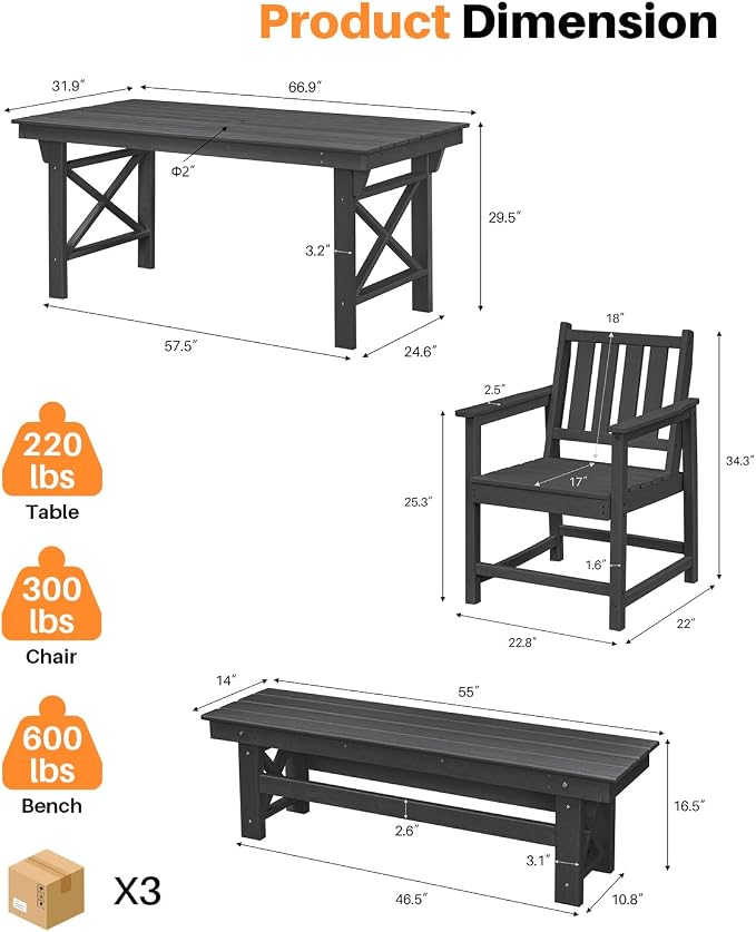 HDPE Outdoor Dining Set of 6, Patio Dining Table Set - Image 3