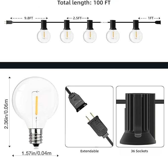 GPATIO Outdoor String Lights, 100FT G40 Bulbs Shatterproof Patio Lights - Image 6