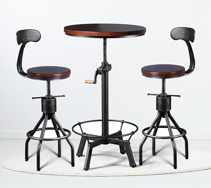 LOKKHAN Set of 2 Industrial Bar Stool-Adjustable Swivel Wood Metal Bar - Image 9