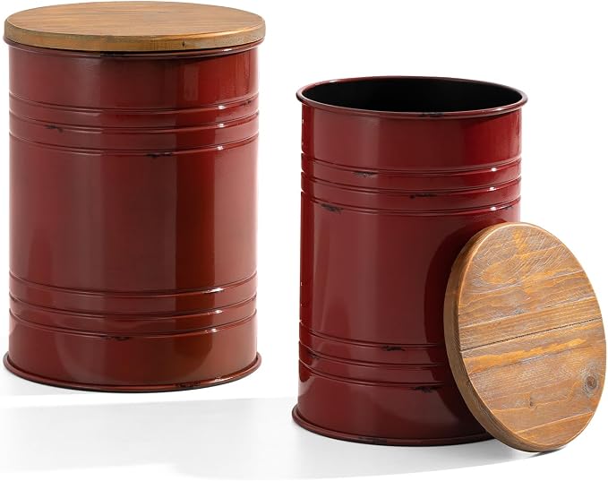 Glitzhome Rustic End Table Set of 2, Farmhouse Galvanized Metal Barrel Ottoman - Image 3