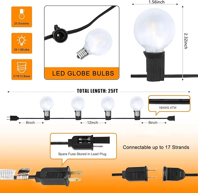 LED Outdoor String Lights 25Ft G40 Frosted White Globe Patio Lights Waterproof - Image 2