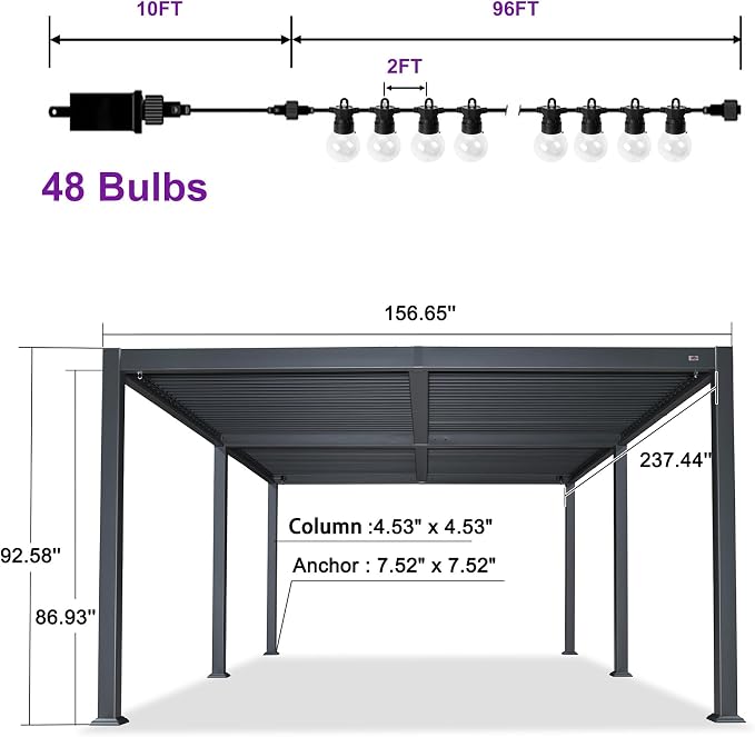 PURPLE LEAF Louvered Pergola w/Light 13' x 20' Aluminum Outdoor Pergola - Image 9
