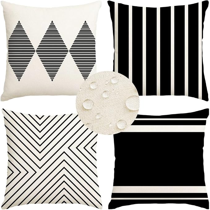 RABUSOFA Outdoor Pillows Waterproof, 20x20 inch Black and White Boho Set of 4 by RABUSOFA