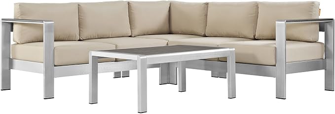 Modway Shore 4-Piece Aluminum Outdoor Patio Sectional Sofa Set in Silver Beige by Modway