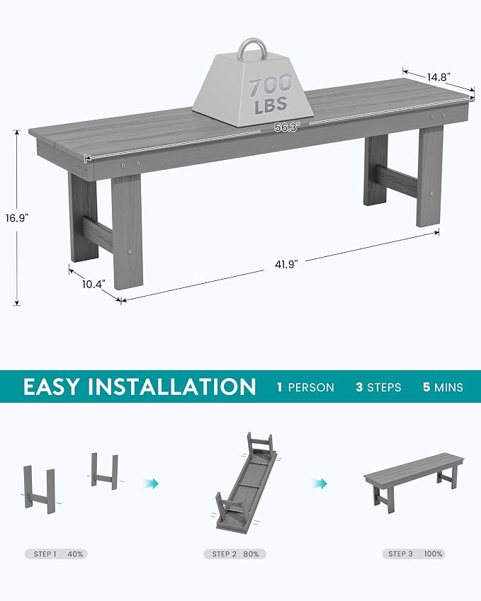 SERWALL 2-Person Outdoor Bench Backless, HDPE Outdoor Benches Weatherproof - Image 3