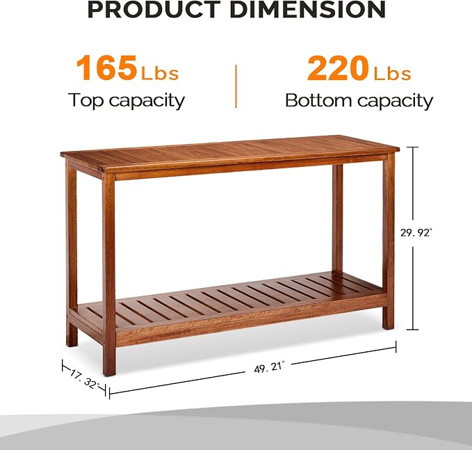 VINGLI 49in Solid Wood Outdoor Console Table, 2-Shelf Wooden Outdoor Accent - Image 3