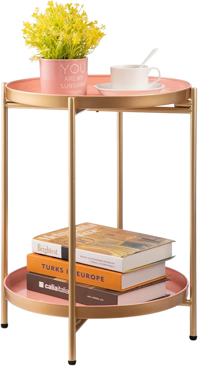 HollyHOME 2-Tier Round Gold Side Table, Outdoor Small Folding Accent Stand by HollyHOME