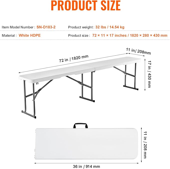VEVOR Plastic Folding Bench, 6ft Portable Folding Bench, Smooth High Density - Image 3