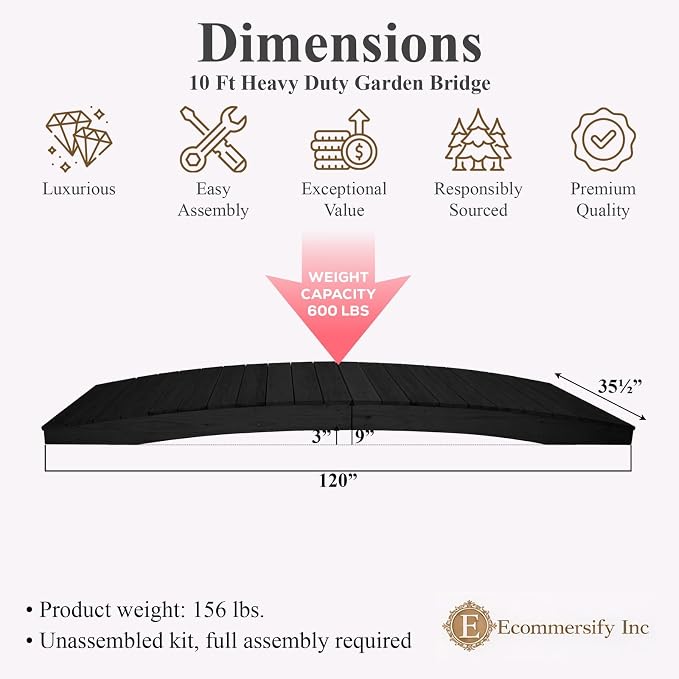 10 FT BLACK Amish Made Pinewood Heavy Duty Garden Bridge - Image 2